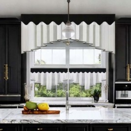 Set: perdea de bucătărie din voal 200x80 cm + perdele scurte 90x50 cm, cu bordură neagră