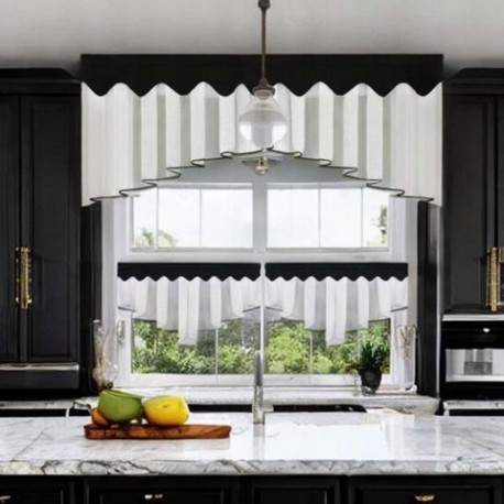 Set: perdea de bucătărie din voal 200x80 cm + perdele scurte 90x50 cm, cu bordură neagră