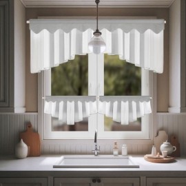 Set: perdea de bucătărie din voal 200x80 cm + perdele scurte 90x50 cm, cu bordură gri