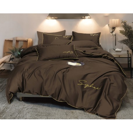 Set de lenjerie 3 piese cu broderie, culoare ciocolatie, 160x200 cm