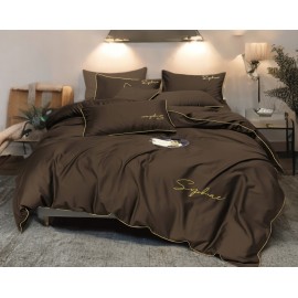 Set de lenjerie 3 piese cu broderie, culoare ciocolatie, 200x220 cm