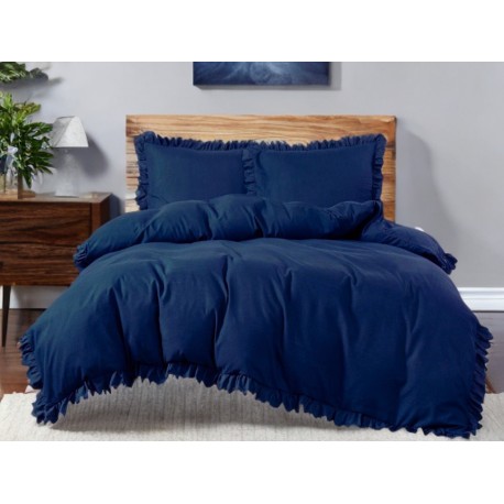 Set de lenjerie 3 piese cu volane, culoare bleumarin, 160x200 cm