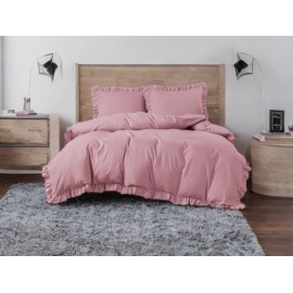 Set de lenjerie 3 piese cu volane, culoare roz, 160x200 cm