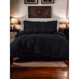 Set de lenjerie 3 piese cu volane, culoare neagră, 160x200 cm