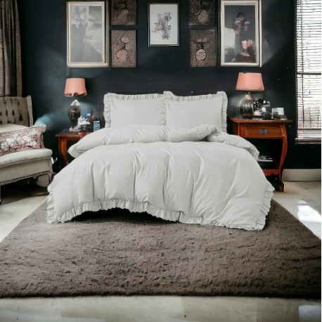 Set de lenjerie 3 piese cu volane, culoare gri deschis, 200x220 cm