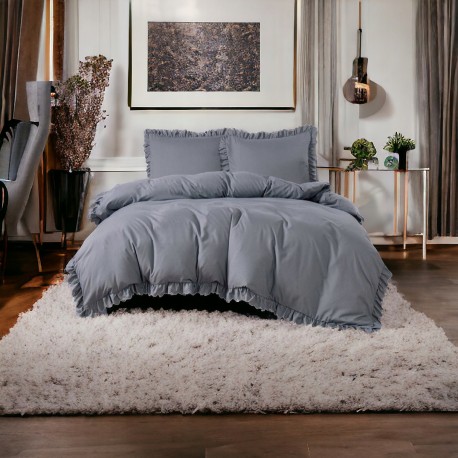 Set de lenjerie 3 piese cu volane, culoare gri închis, 200x220 cm