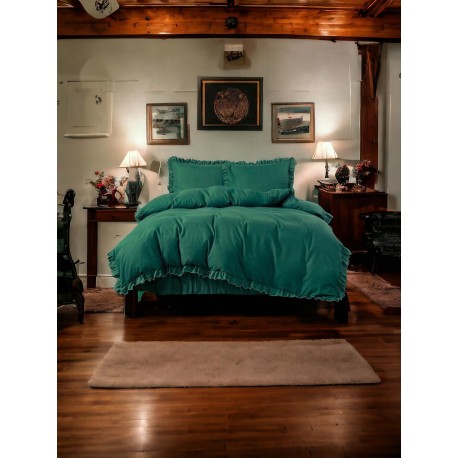 Set de lenjerie 3 piese cu volane, culoare verde, 200x220 cm
