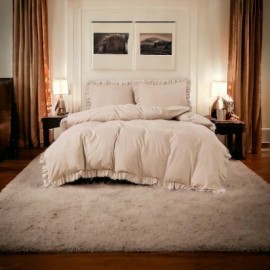 Set de lenjerie 3 piese cu volane, culoare bej, 200x220 cm