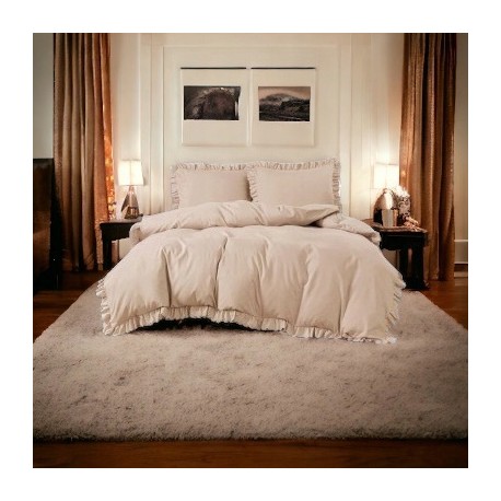 Set de lenjerie 3 piese cu volane, culoare bej, 200x220 cm