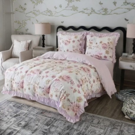 Set de lenjerie 3 piese cu volane, roz cu flori, 200x220 cm