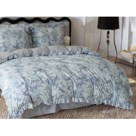 Set de lenjerie 3 piese cu volane, gri-albastru cu flori, 200x220 cm