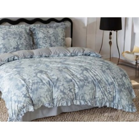 Set de lenjerie 3 piese cu volane, gri-albastru cu flori, 200x220 cm