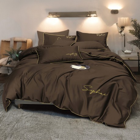 Set de lenjerie 3 piese cu broderie, culoare ciocolatie, 200x220 cm