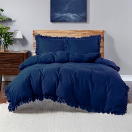 Set de lenjerie 3 piese cu volane, culoare bleumarin, 160x200 cm