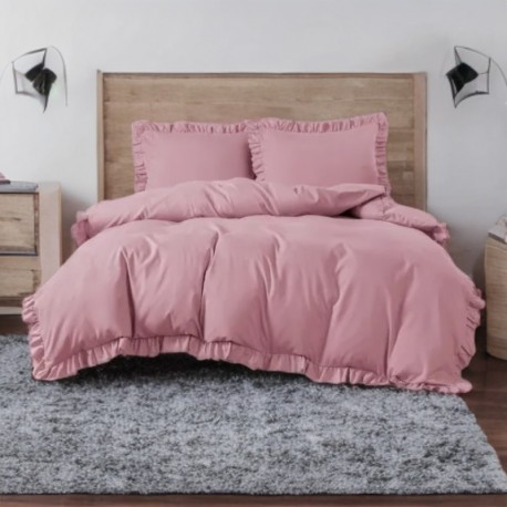 Set de lenjerie 3 piese cu volane, culoare roz, 160x200 cm