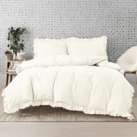 Set de lenjerie 3 piese cu volane, culoare crem, 160x200 cm