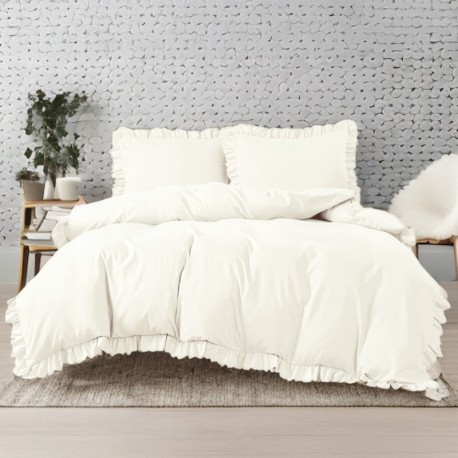 Set de lenjerie 3 piese cu volane, culoare crem, 160x200 cm