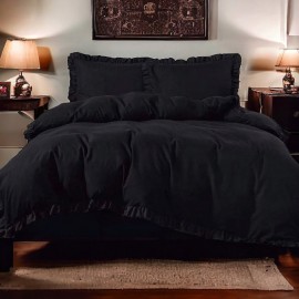 Set de lenjerie 3 piese cu volane, culoare neagră, 160x200 cm