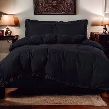Set de lenjerie 3 piese cu volane, culoare neagră, 200x220 cm