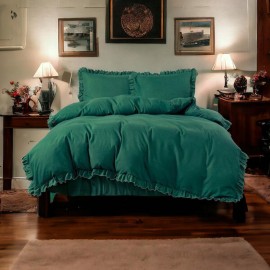 Set de lenjerie 3 piese cu volane, culoare verde, 200x220 cm