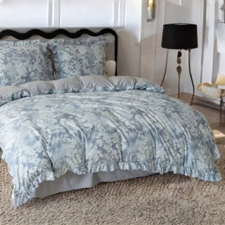 Set de lenjerie 3 piese cu volane, gri-albastru cu flori, 200x220 cm
