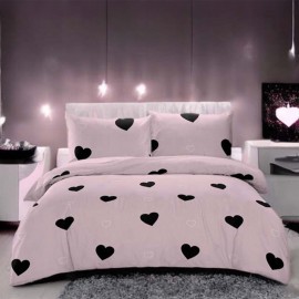 Set de lenjerie de pat din bumbac satinat, 3 piese, Inimi negre 200x160 cm
