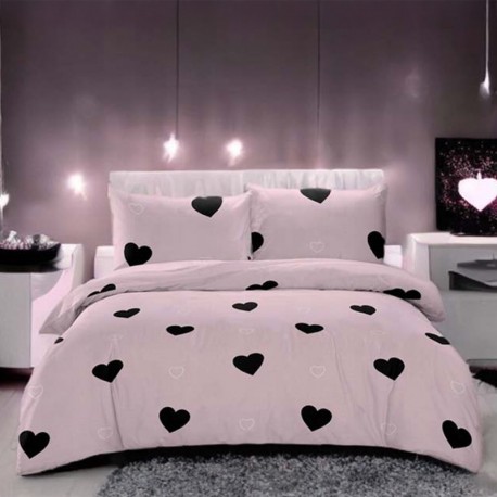 Set de lenjerie de pat din bumbac satinat, 3 piese, Inimi negre 200x160 cm