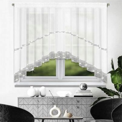 Perdea din voal albă cu zirconii în arc pe bandă 400x150 cm
