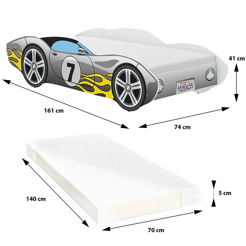 Pat pentru copii Maşină de curse gri cu flăcări 140 × 70 cm