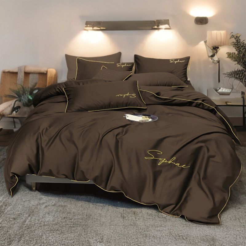 Set de lenjerie 3 piese cu broderie, culoare ciocolatie, 200x220 cm