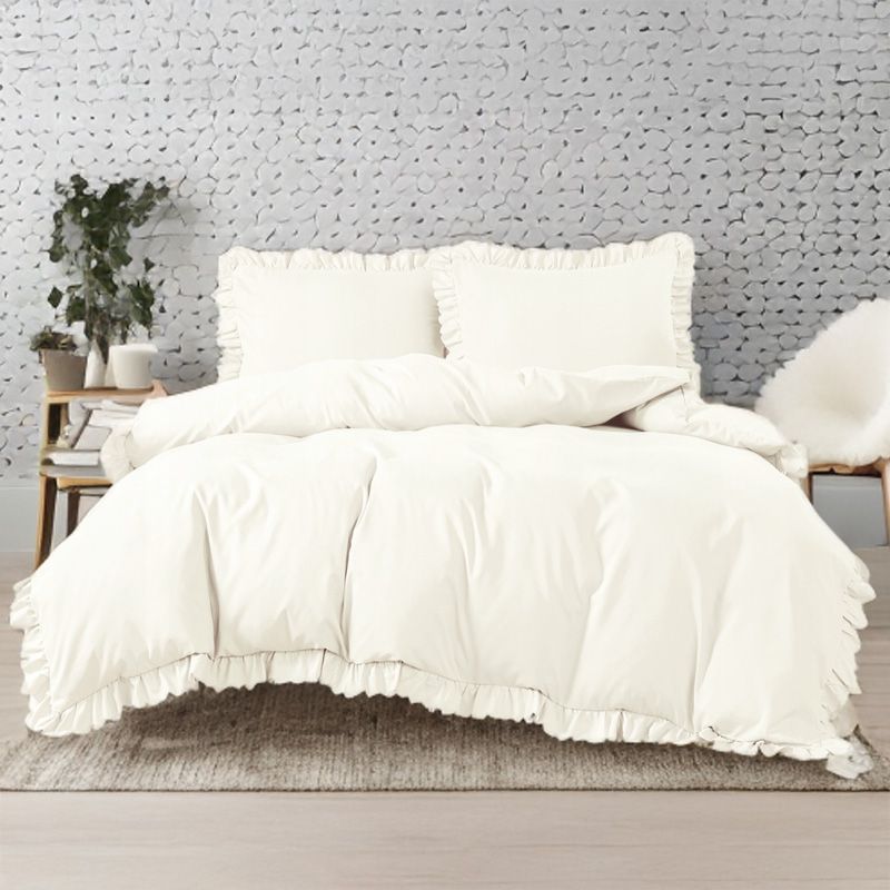 Set de lenjerie 3 piese cu volane, culoare crem, 160x200 cm