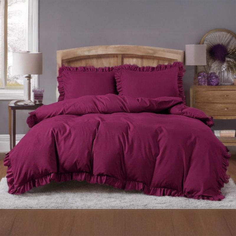 Set de lenjerie 3 piese cu volane, culoare bordo, 160x200 cm