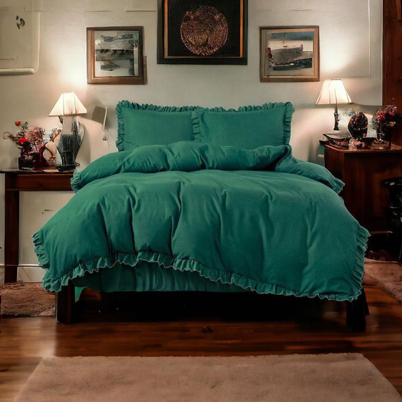 Set de lenjerie 3 piese cu volane, culoare verde, 160x200 cm