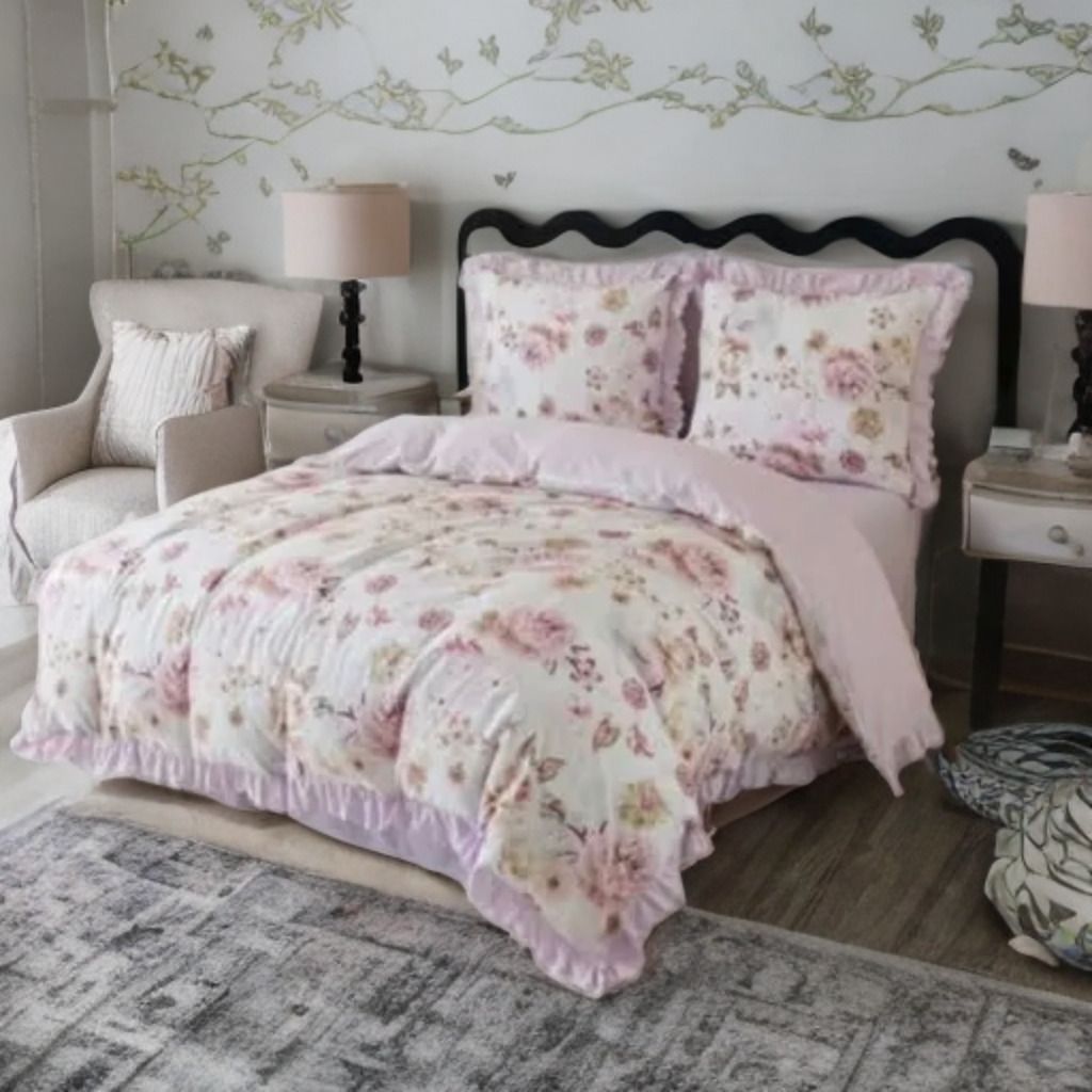 Set de lenjerie 3 piese cu volane, roz cu flori, 160x200 cm