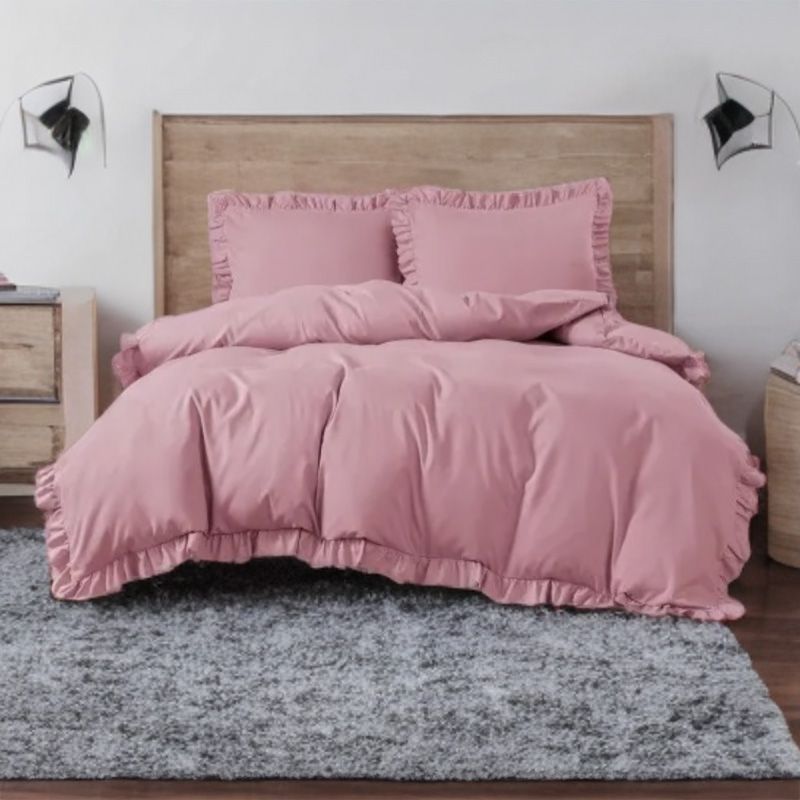 Set de lenjerie 3 piese cu volane, culoare roz, 200x220 cm