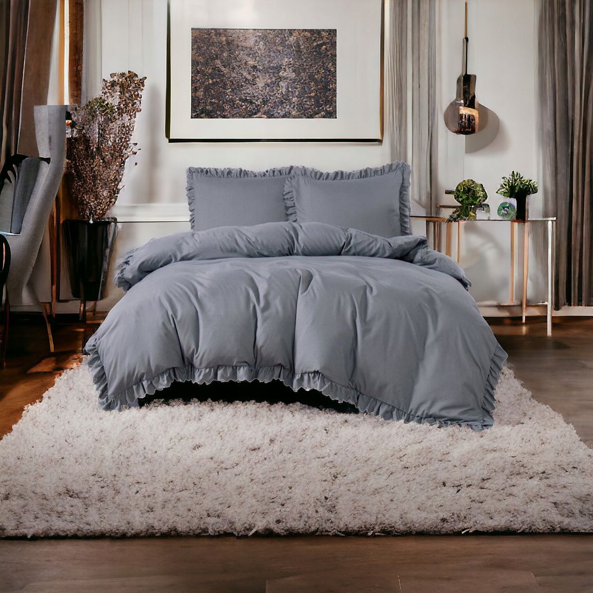 Set de lenjerie 3 piese cu volane, culoare gri închis, 200x220 cm