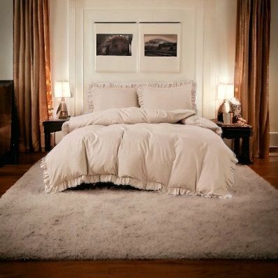 Set de lenjerie 3 piese cu volane, culoare bej, 200x220 cm