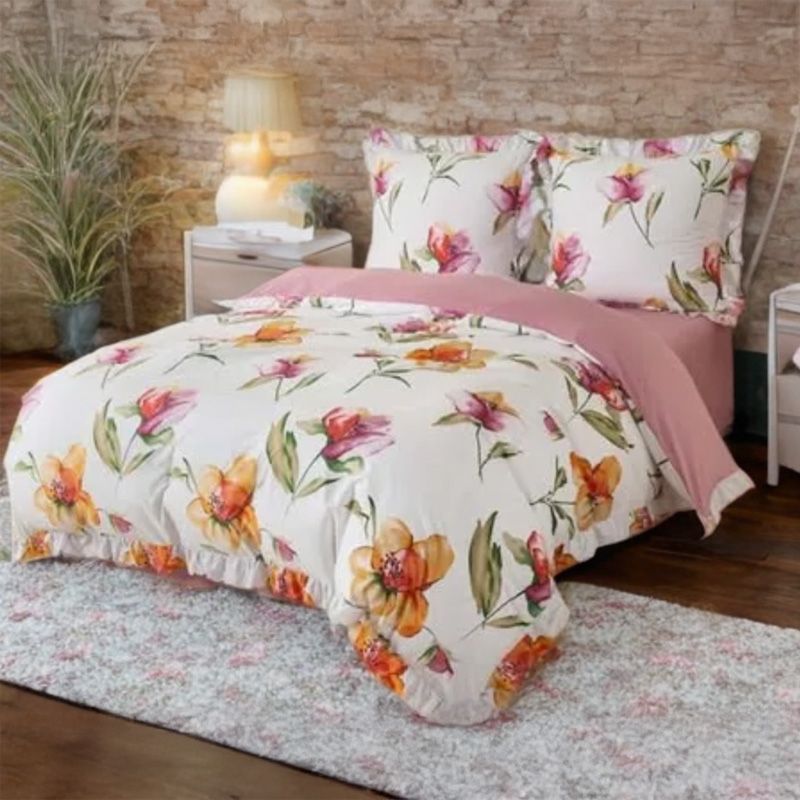 Set de lenjerie 3 piese cu volane, model floral, 200x220 cm