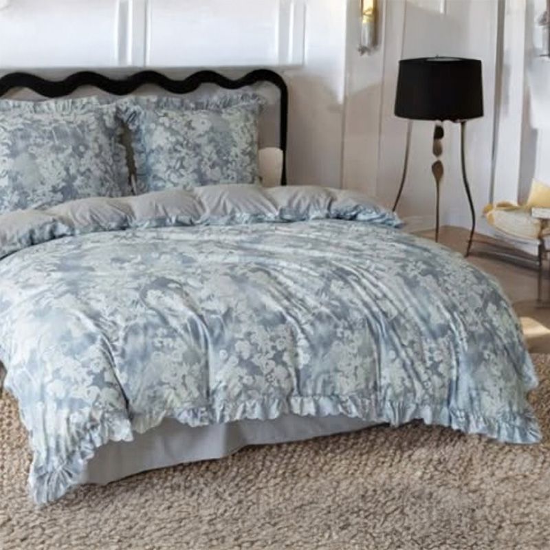 Set de lenjerie 3 piese cu volane, gri-albastru cu flori, 200x220 cm