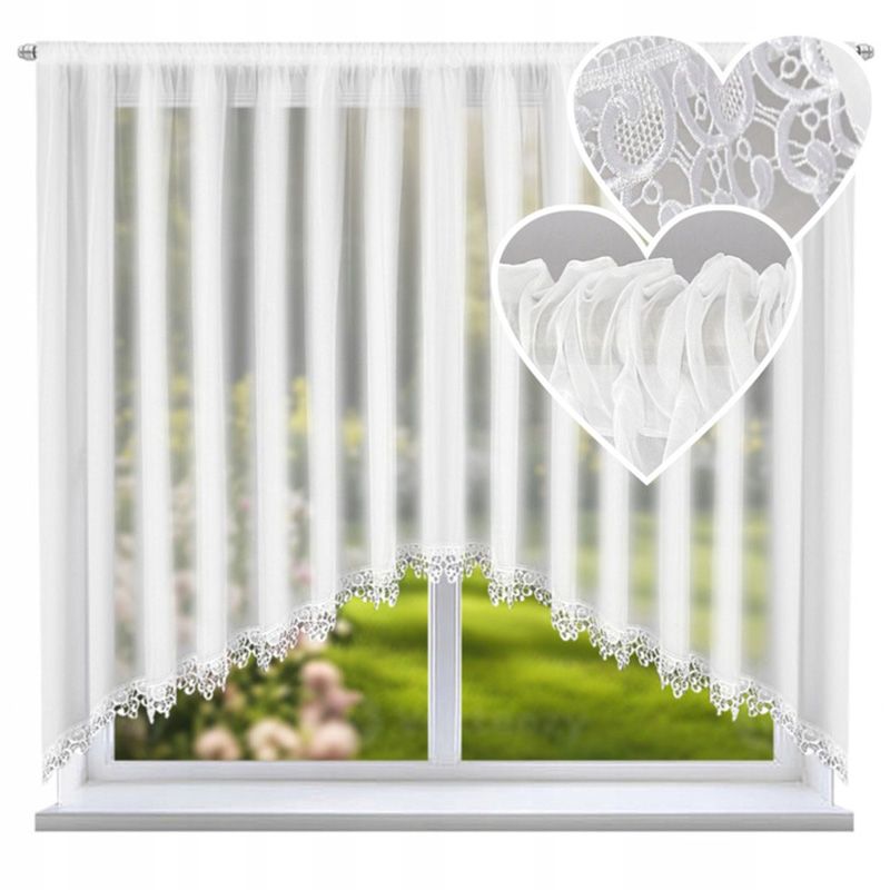 Perdea albă din voal, în arc, cu dantelă tip gipure 400x150 cm