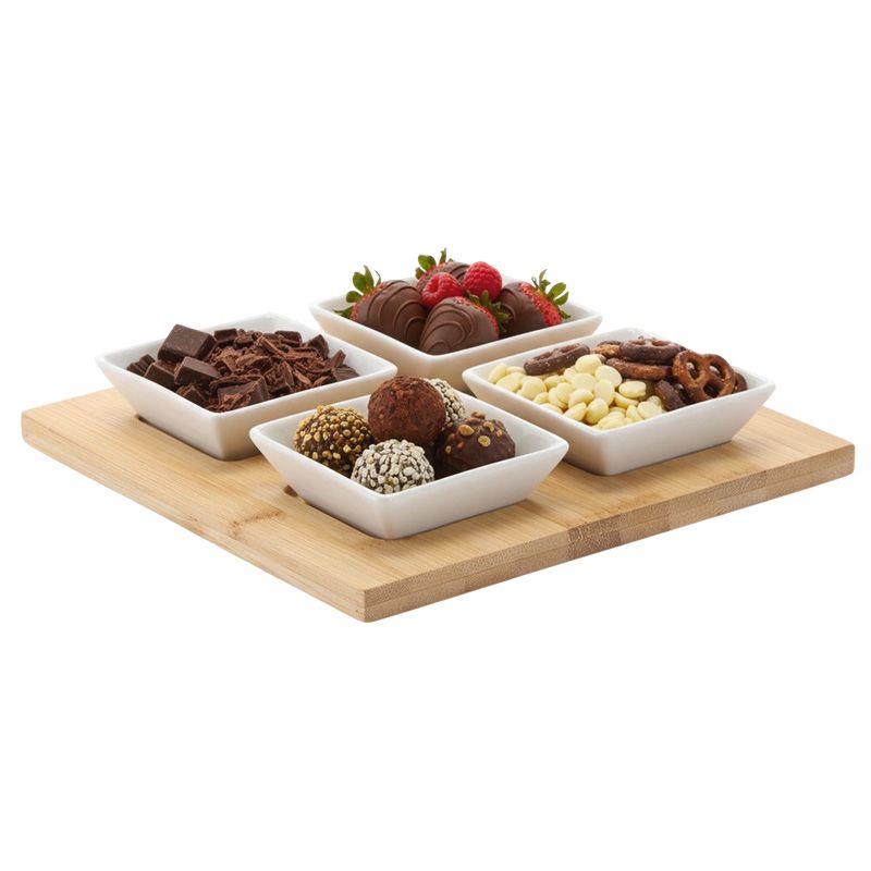 Set pentru servirea aperitivelor – boluri din porțelan cu tavă din bambus