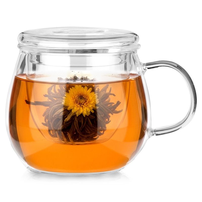 Cană din sticlă cu infuzor şi capac